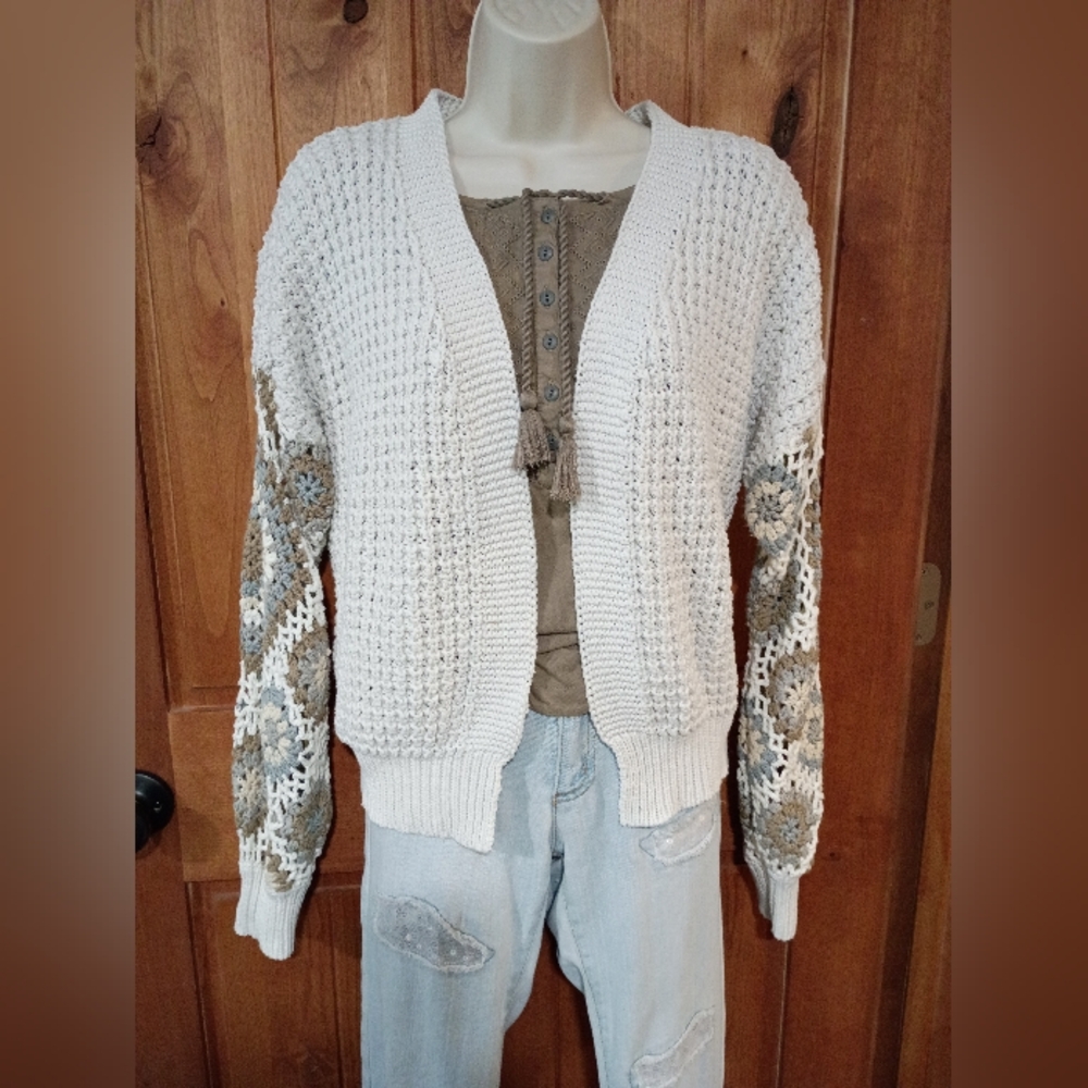 Altar'd State Cream Knit Cardigan with Neutral Crochet Sleeves